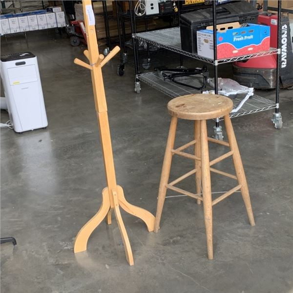 WOODEN COAT TREE AND STOOL