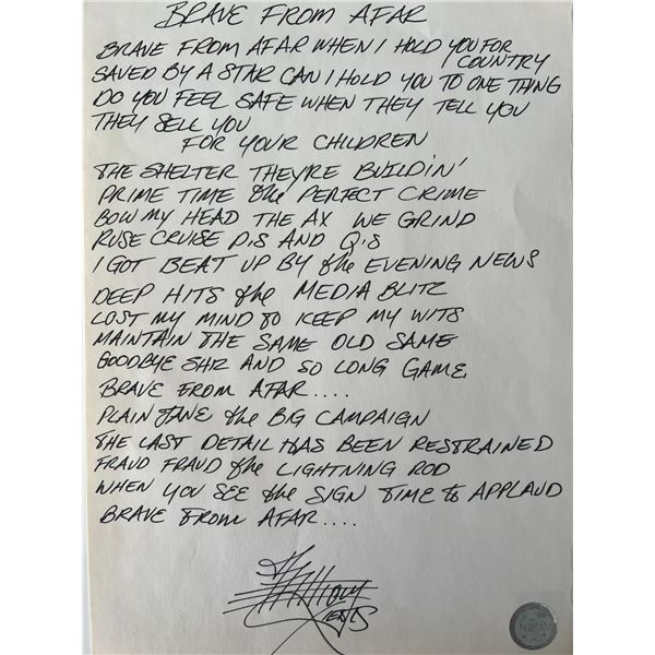 Red Hot Chili Peppers Brave From Afar Anthony Kiedis handwritten signed lyrics- GFA authenticated
