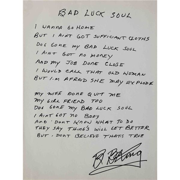 BB King Handwritten signed song lyrics