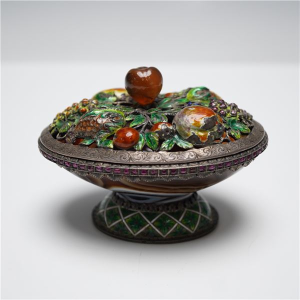Antique 19th C Austrian Solid Silver, Enamel & Agate Lidded Dish