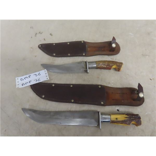 2 Hunting Knives with Antler Handle, Both with Scabbard |  12" Length & 14" Length