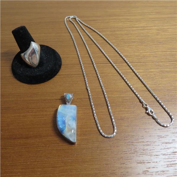 925 Sterling lot.  Beautiful long chain, unique stone pendant and ring, approx size 6