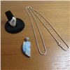Image 1 : 925 Sterling lot.  Beautiful long chain, unique stone pendant and ring, approx size 6