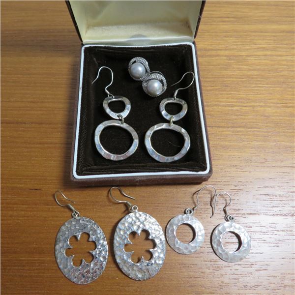 925 Sterling earrings lot. 3 pairs are solid silver and one pair has pearls