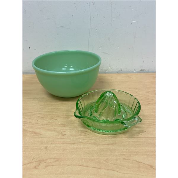 7" Jadite Mixing Bowl & Green Depression Glass Juicer - juicer has chip on handle, see photos