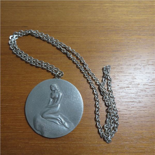 Vintage Denmark Jorgen Jensen Pewter Necklace of a mermaid.  Comes on a chain.