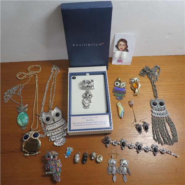 Large lot of OWL lovers jewelery!  Includes pendants, chains, earrings, a scarf clip and a ring