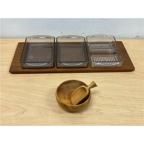 Danish Teak Serving Tray (plastic inserts) & Small Swedish Nut Bowl & Scoop