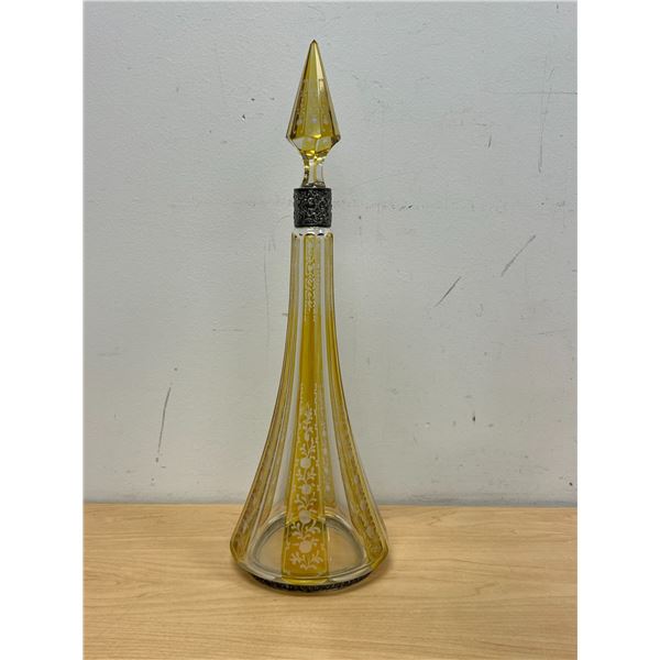 Antique Yellow / Clear Crystal Glass Decanter with German Silver Accents 16.75"