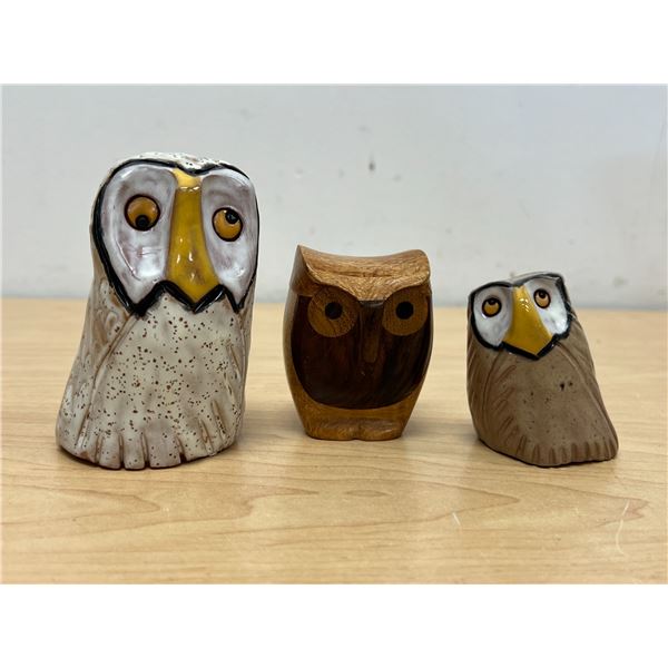 3 Owl Décor Pieces - ceramic and Wood - tallest 3.75"