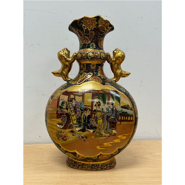Large Japanese Satsuma Vase with Lion Handles Approx: 14"T & 9"W