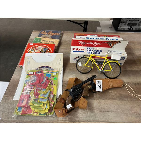 Roy Rogers Paint Book, Weekly Reader, Collector Cards, Die Cast Trucks, Toy Guns