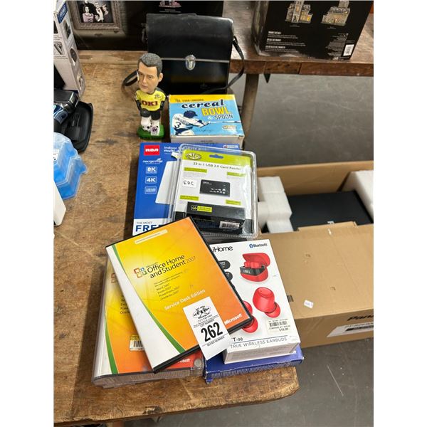 Educational DVD's, Wireless Earbuds, Card Reader, Ceral Bowl, Bobblehead, Binoculars