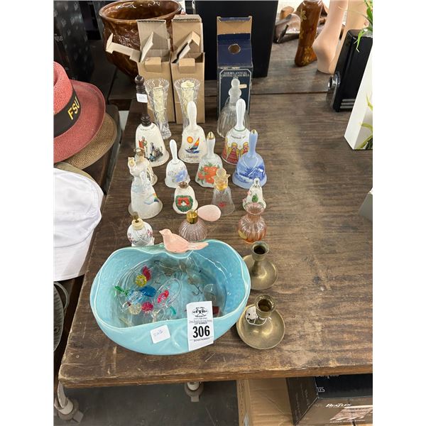 Bell Collection w/Art Glass Bowl, Brass Candlesticks