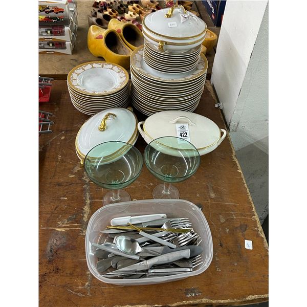 Gold Rimmed Porcelain Dinner Set, Utensils, Margeurita Glasses