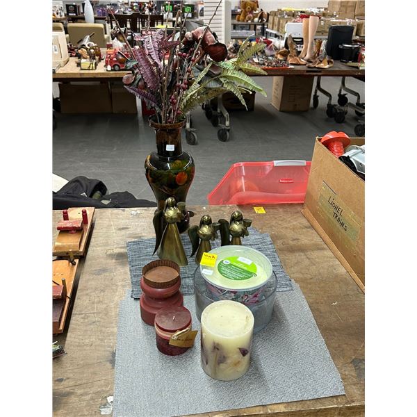 Brass Angel Candlestands, Oriental Vase w/Silk Florals