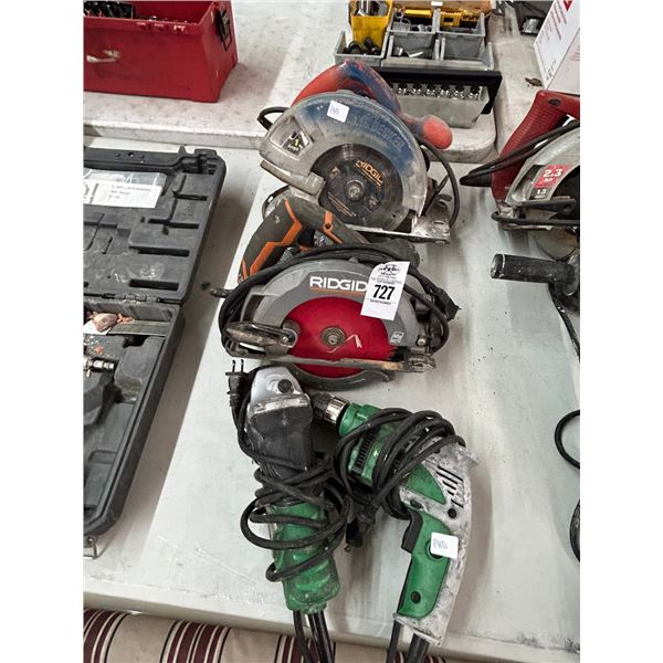 Ridgid Circular Saw, Hitachi Electric Grinder, Drill