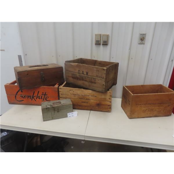 4 Wood Advertising Crates and 2 Wood Tool Boxes 