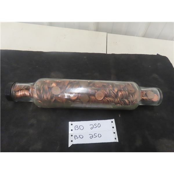 Vintage Glass Rolling Pin Full of Pennies