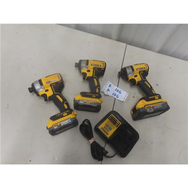 3 Dewalt 20V 1/4 Impact with 3 Batteries + Charger-Works 