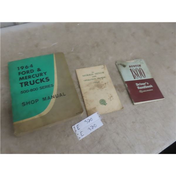 3 Auto Manuals 34 Ford + Mercury Truck, Morris Minor Austin 1800