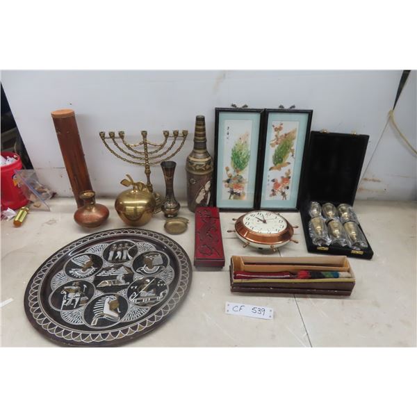 Brass Candle Holder, Vase+ 6 Goblets in Case,