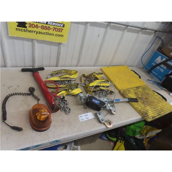 Tire Chains, 12v Emergency Lights, Come Along, Trailer Hitch+