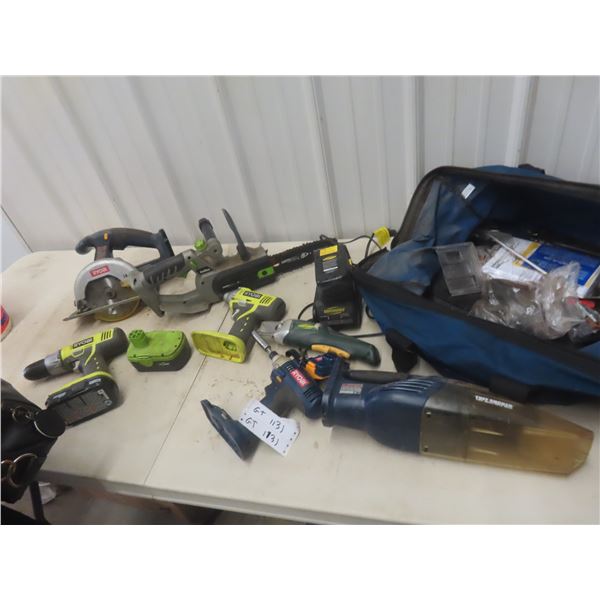 Cordless Tools, Ryobi, Yardworks - Saws, Drills, Fruners, Some Mix and Match 