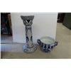 Image 2 : Blue + White 2 Piece Plant Stand 43" High Has Had Previous Repairs 