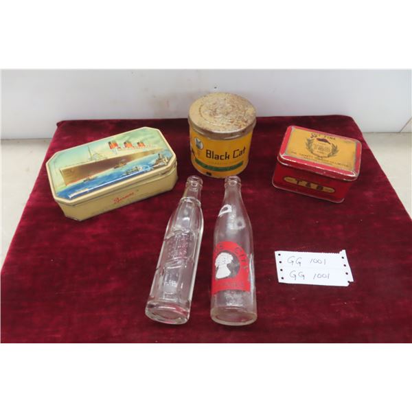 3 Metal Tins, Plains City Beverage + Portage Soda Water Works Bottles