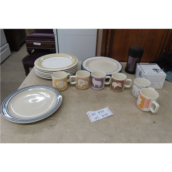 10 Stoneware Dinner Plates, 6 Critters Coffee Mugs + 2 Travel Mugs 