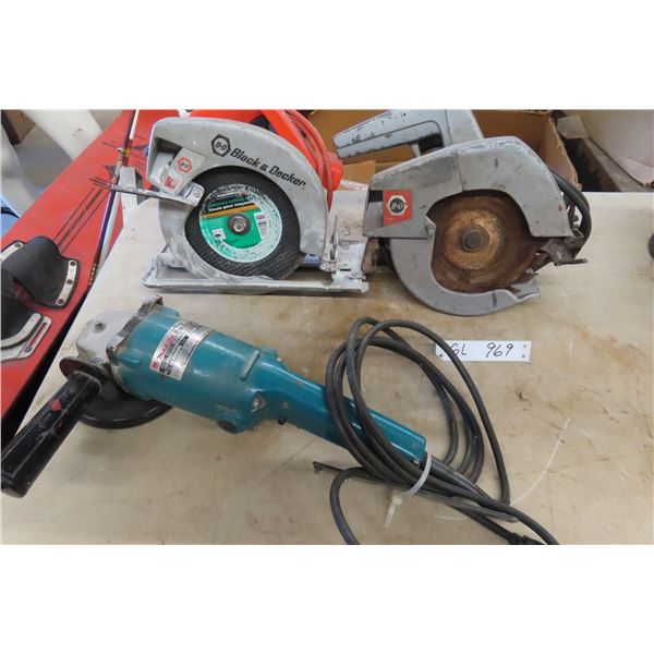 2 Power Black and Decker Circular Saws & Makita Angle Grinder 