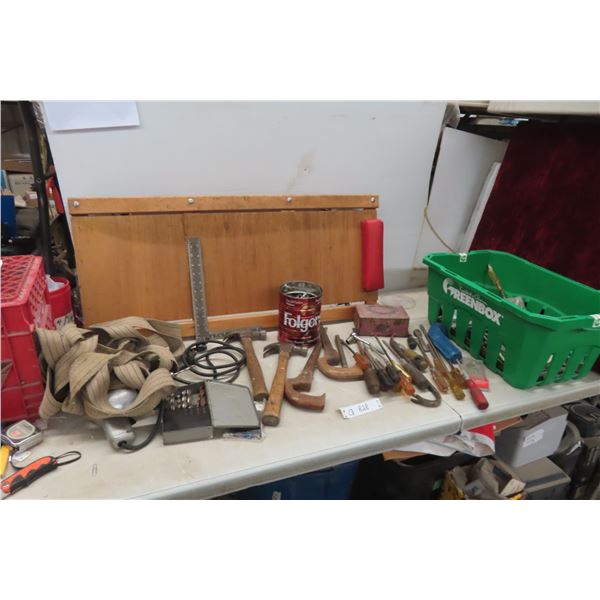 Hand Tools: Screw Drivers Hammers, Square, Drill Bits, Bolts, Creeper- Damage on Backboard
