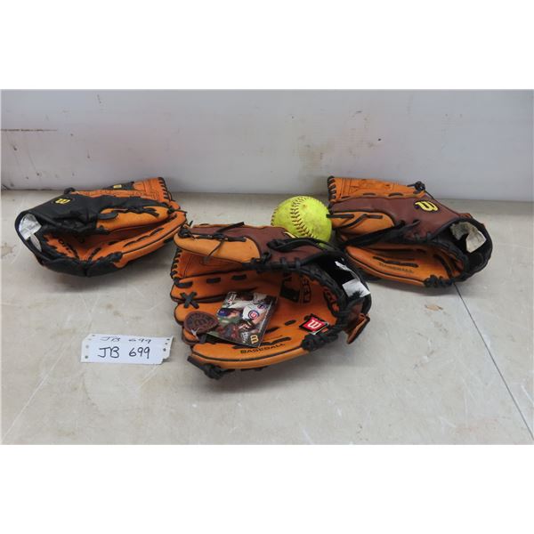 3 Baseball Gloves - 2 Right, 1 Left Handed + Softball