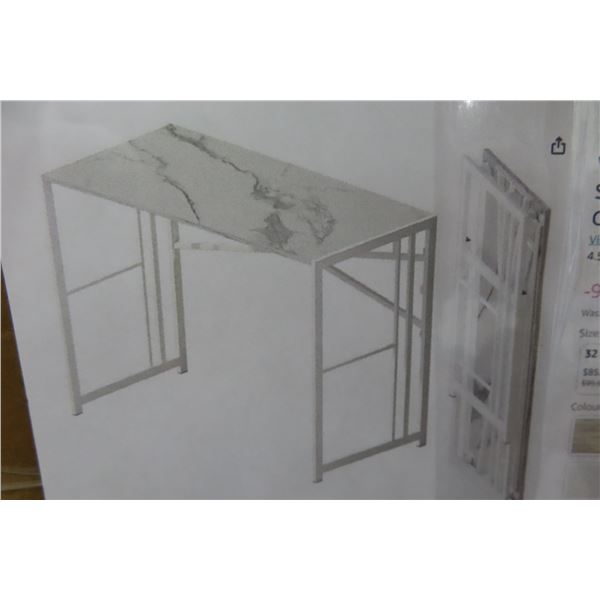 40" Folding Small Desk, Writing, Gaming, Computer Desk, White/ Marble Look - New or Store Return