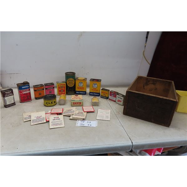 Vintage Spice Tins, Moth Crystals, Gelatin Packs, Asprin Bottle