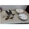 Image 1 : Vintage Scale, 2 Enamel Basins, Glass Door Knobs and Wood Crate