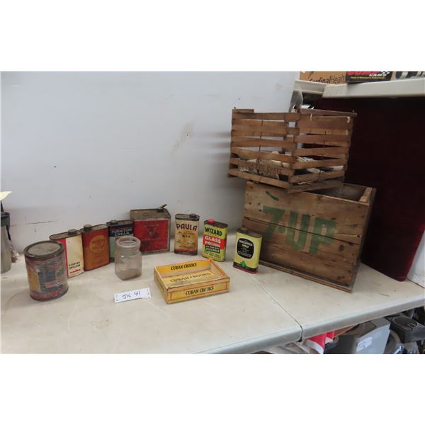 Vintage Cleaning Product Tins, 7up Wood Crate 12x17x12 and Egg Crate