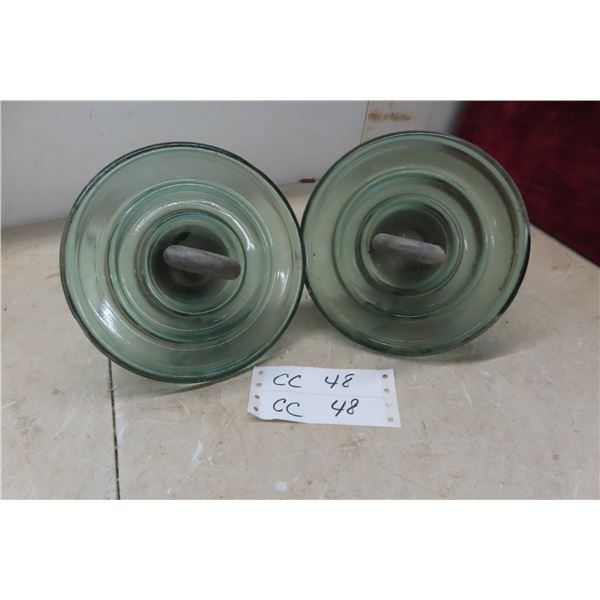 2 Vintage Glass Suspension Insulators "Flying Saucer" Aqua Blue Green Glass