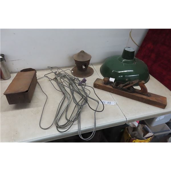 Porcelain Lamp Shade 18'' Diameter, Metal Storage Box, Planer and Sock Stretchers