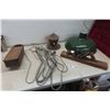 Image 1 : Porcelain Lamp Shade 18'' Diameter, Metal Storage Box, Planer and Sock Stretchers