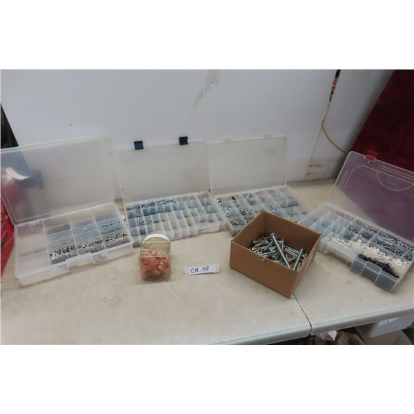 4 Plastic Containers with Fasteners, Bolts, Copper Pipe Straps