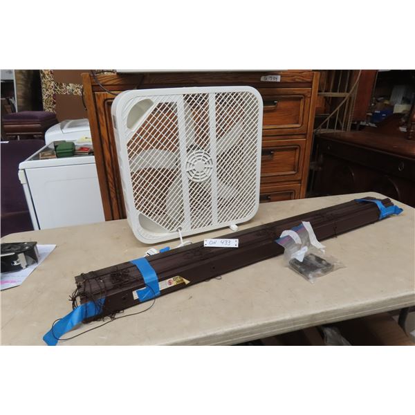 Box Fan and Brown Window Blind 50'' Wide with Hardware