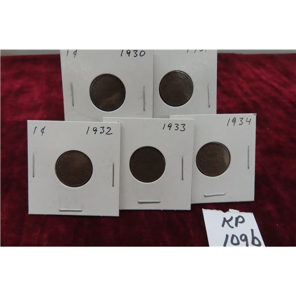 (5) Canada 1 Cent Coins 1930, 31, 32, 33 and 1934