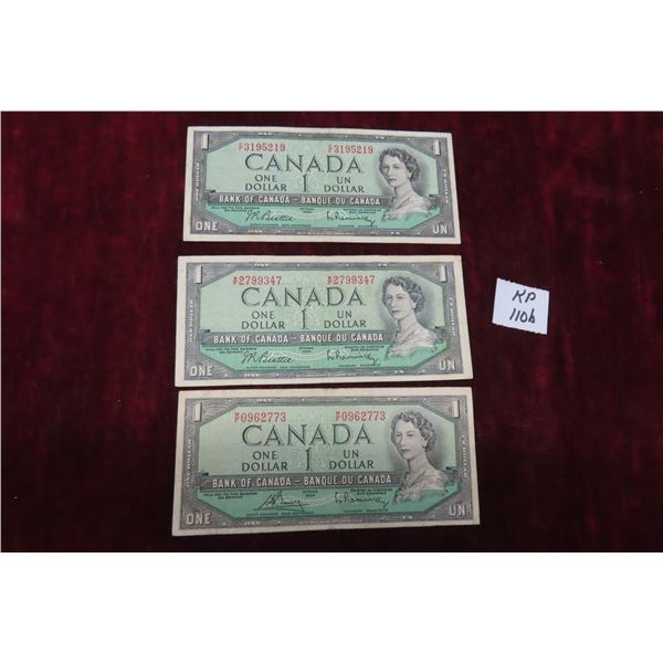 3 Nice 1954 Canada $1 Bills