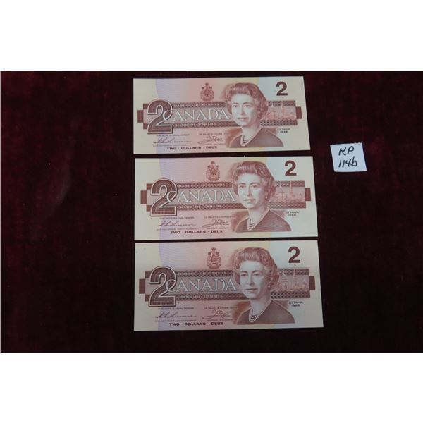 3 Uncirculated 1986 Canada $2 Bills