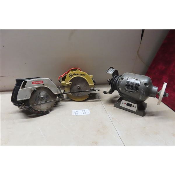 Bench Grinder and 2 Power 7 1/4 Circular Saws