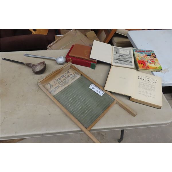 Vintage Cast Dipper, Wash Board and Hard Cover Books
