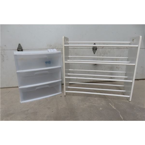 Shoe Rack 31x34x12 and a 3 Drawer Plastic Storage Unit 24x22x15