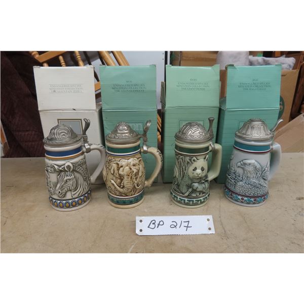 4 Avon 'Endangered Species' Mini Steins in Boxes: Mountain Zebra, Bald Eagle, Giant Panda,and Asian 